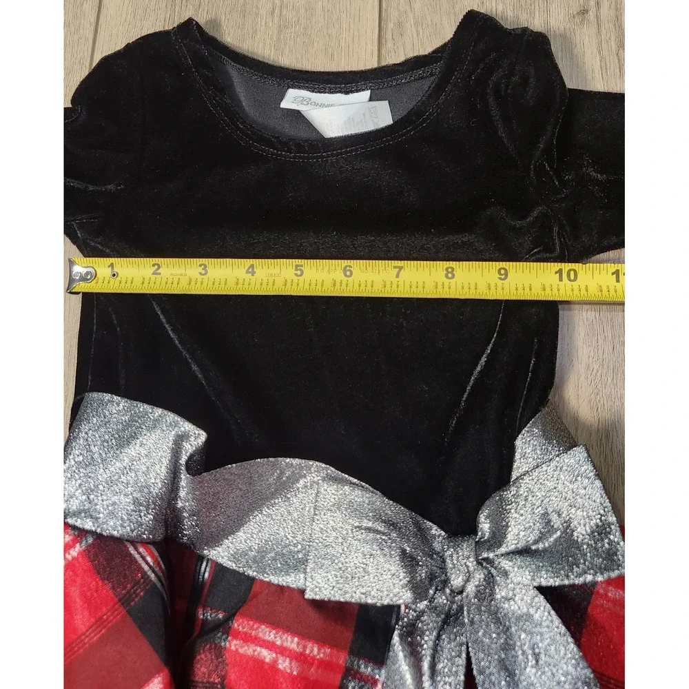 Bonnie Jean Girls Black‎ Velvet Red Plaid Silver Holiday Dress Christmas Size 4T
